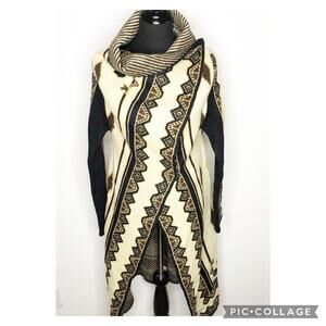 II Sisters black cream gold yellow wrap front long cardigan sweater size S/M